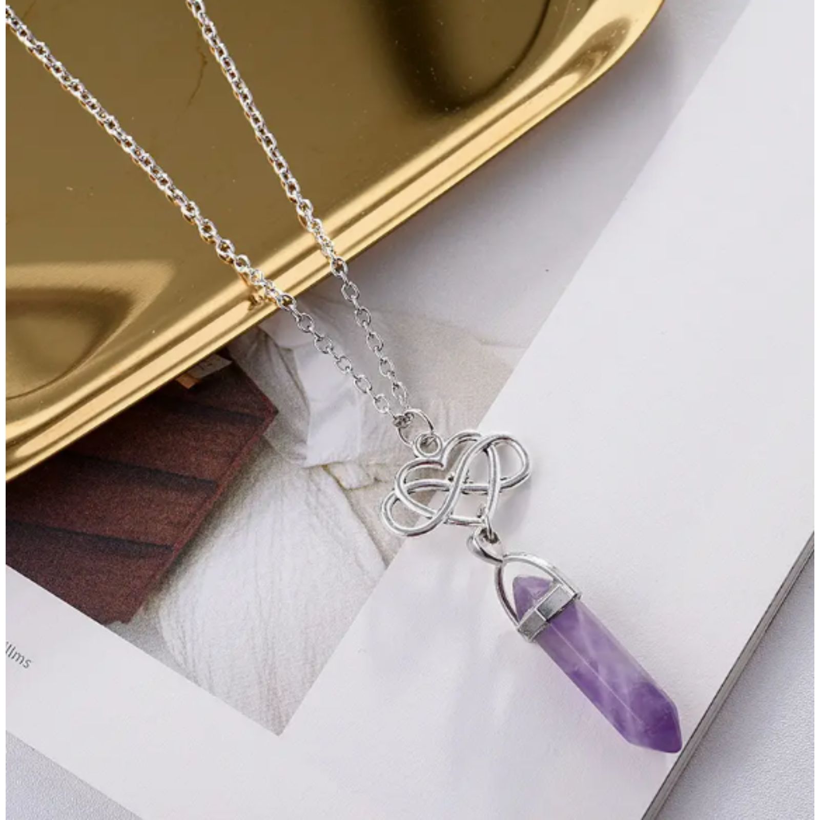 Amethyst Obelisk Dangle On Chain Necklace With Heart Celtic Infinity Design 18$